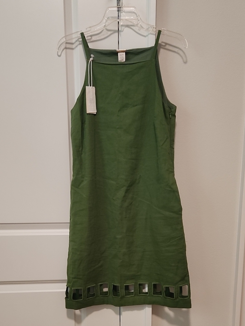 Magaschoni Olive Green Sleeveless Midi Dress with Cutout Hem